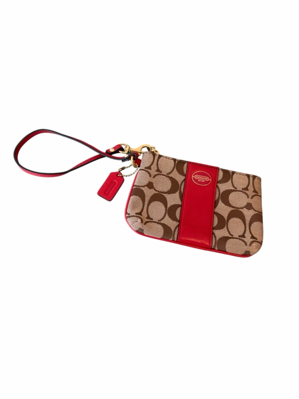 Coach Signature Wristlet Khaki Brown Red Stripe Canvas Y2K